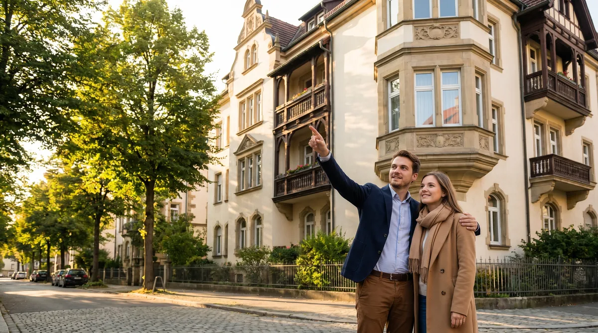 Junges Paar vor einer Altbau-Immobilie in Baden-Württemberg